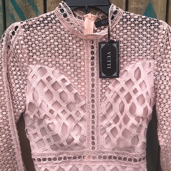 NWT Vutti High Neck Crochet Lace Long Sleeve Mini Dress Pink Small - Picture 2 of 6
